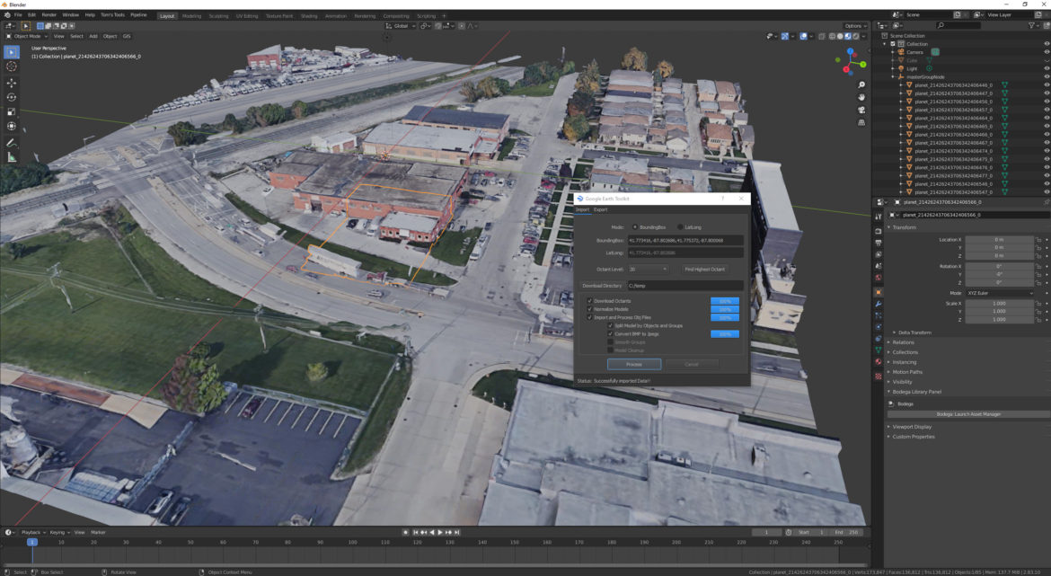 Capture Google Earth data, download it, translate it and import it into a 3D application.